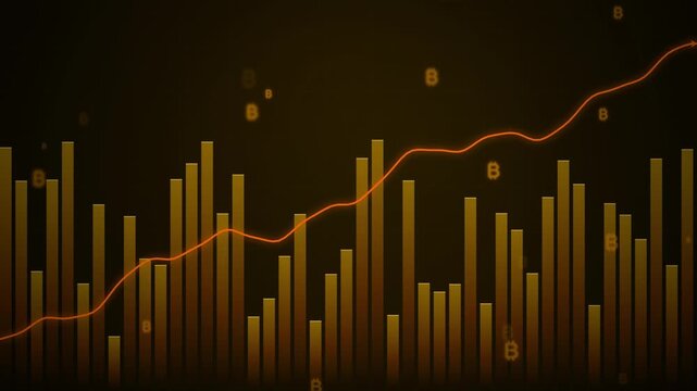 Abstract financial background with bitcoin symbols and rising bar chart graph