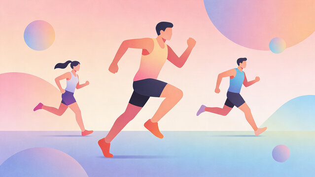 Three diverse runners in athletic wear compete in a vibrant, abstract running race against a soft gradient background.