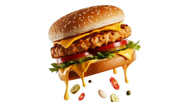 Floating Chicken Burger Dripping Cheese Isolated On Transparent Background Fast Food Menu Graphic