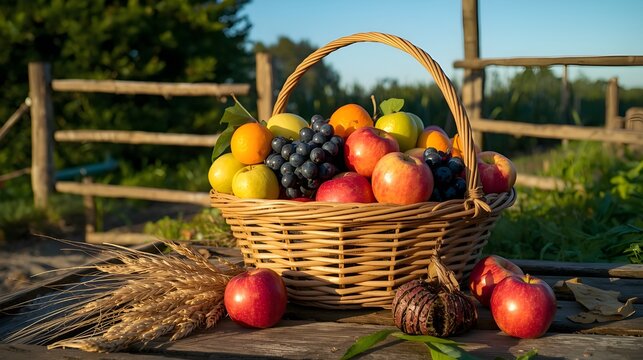 Abundant Wicker Basket Overflowing with Fresh Fruits and Grapes Outdoors
