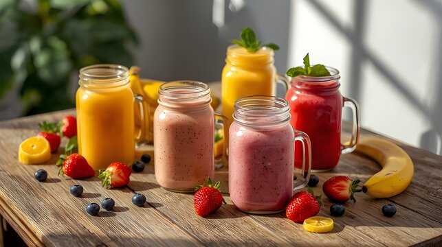 Assortment of Fresh Fruit Smoothies in Mason Jars on Wooden Table
