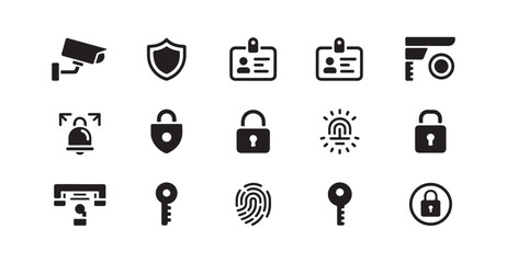 Fototapeta premium Collection of security glyph icons with cctv, shield, id card, padlock, key, fingerprint.