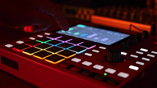 A musician hand taps rhythmic patterns on the illuminated pads of a red beat machine controller in a dark studio. Concept of electronic music production, creativity, and audio engineering.