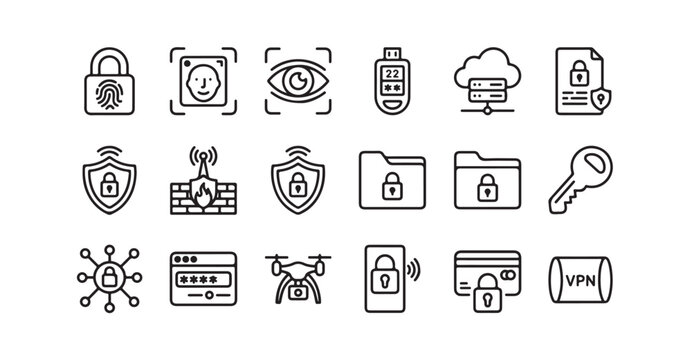 Set of cyber security line icons biometric, password, facial recognition, vpn, data protection.