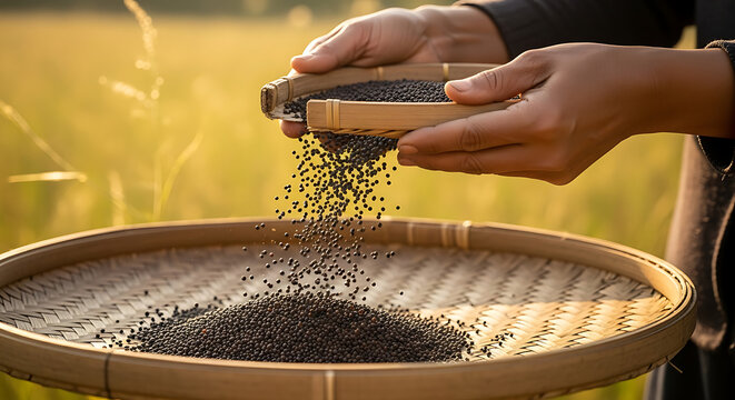 Hands meticulously sifting small, dark mustard seeds or black sesame seeds using a traditional bamboo winnowing basket in a sunlit outdoor setting.
