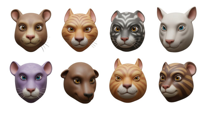 cartoon style animal faces arrayed on white background creative for design elements education or playful imagery