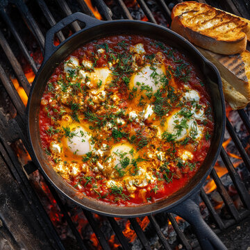 Shakshuka with eggs in tomato sauce cooked in skillet over fire