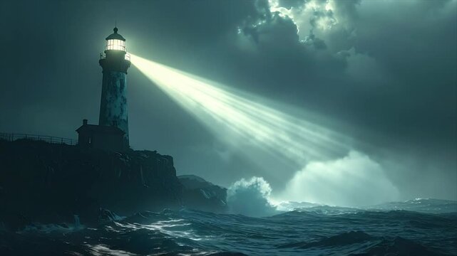 Lighthouse beams across stormy ocean, illuminating dark waves and cliffs under a cloudy sky