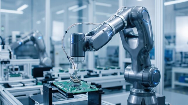 Automated robotic arm assembling electronic circuit board in modern smart factory, industrial automation technology concept