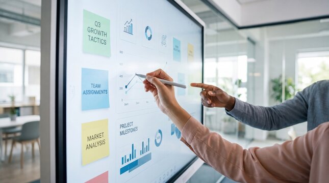 Business team analyzing growth tactics and market data on digital dashboard screen, pointing at charts for strategic planning and project milestones in modern office environment.