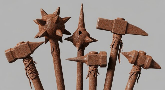 Collection of Rusted Medieval Maces and War Hammers