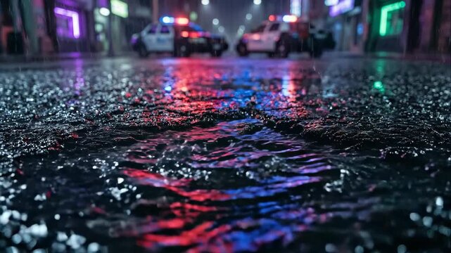 Cinematic macro slow motion shot of a raindrop splashing in a dark street puddle reflecting flashing red and blue police car lights at night