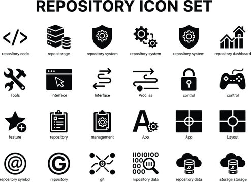 Comprehensive collection of software development repository icons for web application user interface and system programming