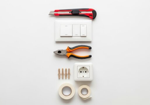 Various electrical tools and components isolated on white background for diy and repair