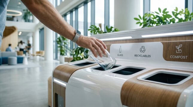 Hand placing glass bottle into recycling bin labeled for glass, recyclables and compost in modern bright office lobby promoting waste separation and sustainability.