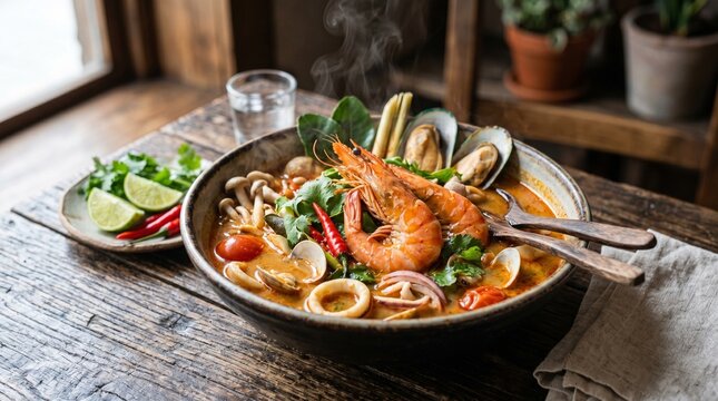 Seafood Tomyam Delight: Tangy Steam & Aroma"