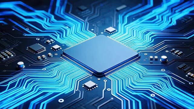 Circuit board with glowing blue lines