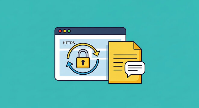 A secure web browser displays a locked padlock icon with a document on a turquoise background, symbolizing online safety and protection.