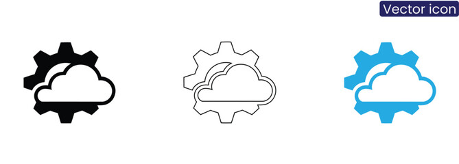 Fototapeta premium Cloud and gear icons in black, Line art, And blue on white background for business and technology concepts