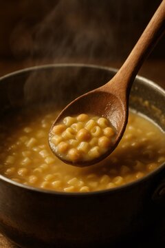 Warm chickpea pasta soup with ditalini from a steaming pot being scooped by a wooden spoon