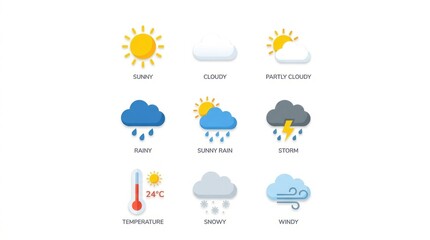Obraz premium Collection of diverse weather icons illustrating sunny, cloudy, rainy, stormy, and snowy conditions.