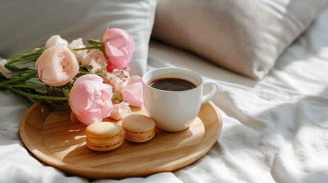 Cozy wooden tray with a cup of coffee, macarons and small rose bouquet on rumpled white linen, morning in bed concept, mothers day breakfast, holiday mood, with copy space