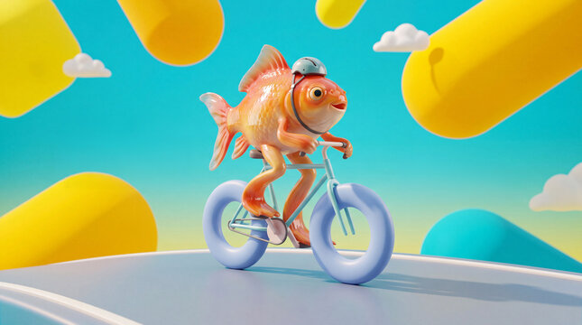Surreal goldfish riding bicycle, impossible becoming possible concept, creative startup idea and innovation metaphor