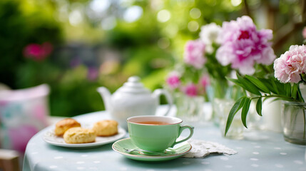 Fototapeta premium Outdoor garden table with teacups, scones and fresh flowers, spring garden party setting, afternoon tea aesthetic, defocused background, with copy space