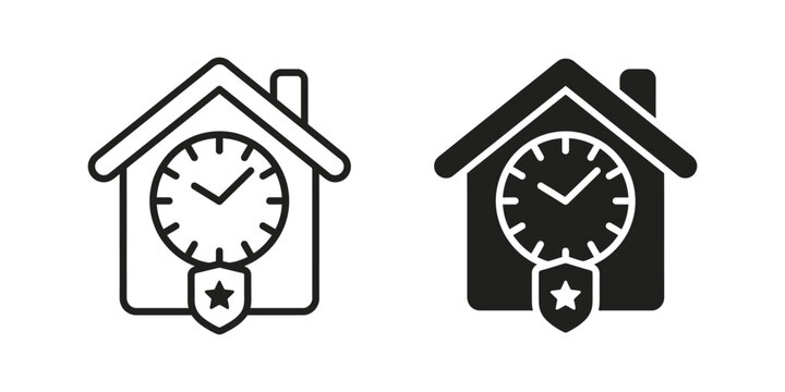 House clock icons, home time symbols, clock house illustrations, time management