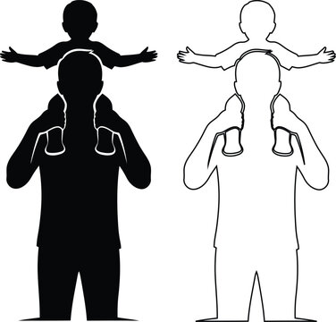 Illustration showing person carrying child on shoulders with arms outstretched