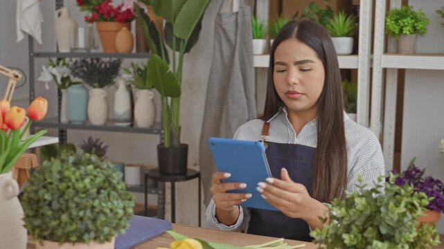 Woman florist holding blue tablet, points finger at screen while seated behind wooden counter in floral studio; quiet concentration.