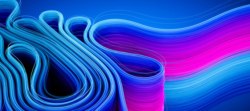 3D neon fiber wave flows across blue technology backdrop