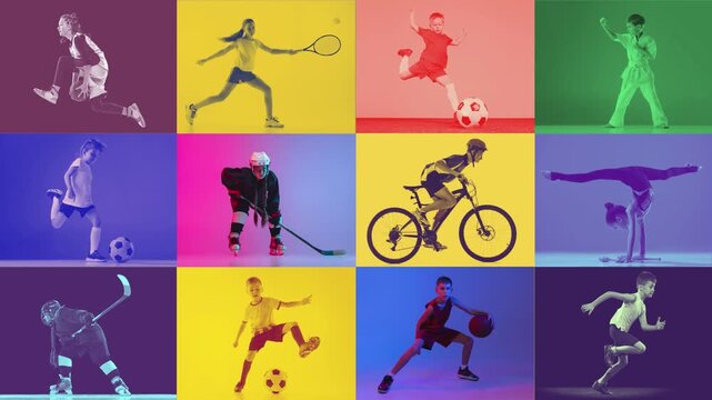 Children athletes performing dynamic sports movements on bright gradient backgrounds. Concept of active childhood, youth sport development, energy, fitness and healthy lifestyle.
