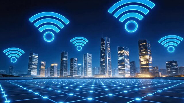 City skyline with wireless network icons