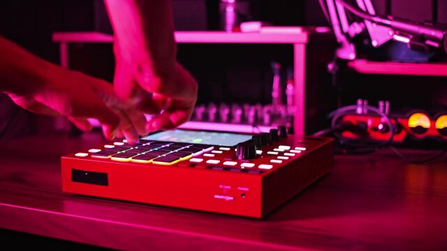 Hands of a producer tap pads on a red digital sampler in a dark studio with colorful neon lights. Concept of creative audio engineering, modern beat making, and nightlife entertainment.
