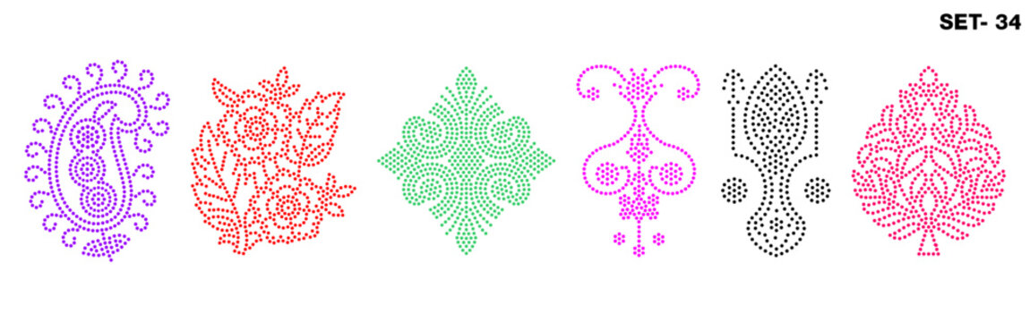 Rhinestone hotfix transfer buta set, floral, geometric paisley motif pattern design for laser cutting, 2.2 mm hole size 6 ss, set no.34