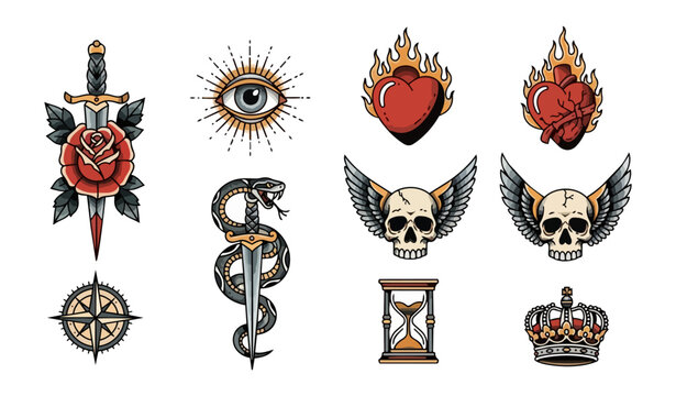 Tattoo style illustrations set roses daggers skulls and more