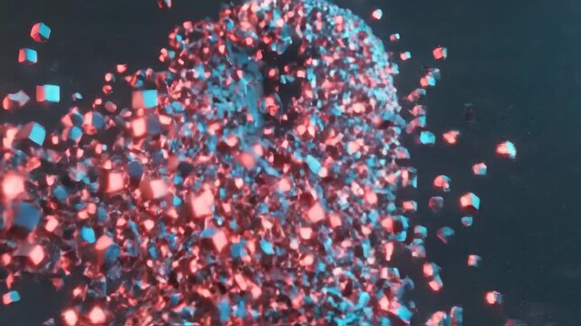 Digital human head profile composed of glowing cubes disintegrating into scattering particles. Abstract cyber transformation animation visualizing data fragmentation and futuristic dissolution.