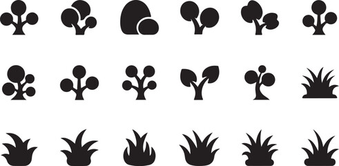 Fototapeta premium Black plant icons, vector foliage symbols, 16 leafy graphics