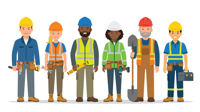Diverse Construction Workers Team Vector Illustration Safety Gear Professionals Building Industry Workforce
