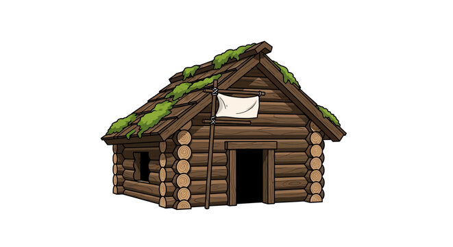 Cozy Wooden Cabin with Mossy Roof on White