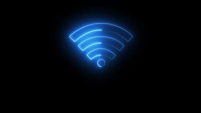 Abstract neon glowing wifi icon animation on black background. Neon digital wifi network icon. Animated wifi icon internet network symbol, digital connection.4k motion video.