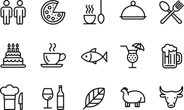 Food and drink line icons set, restaurant menu items cooking beverages outline vector illustration