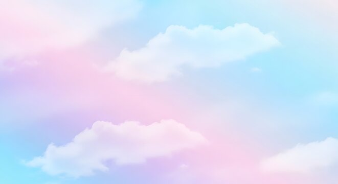 Soft pastel sky with fluffy white clouds and gentle gradient hues.