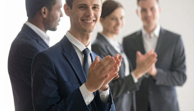 Businessman clapping hands in appreciation with colleagues in background