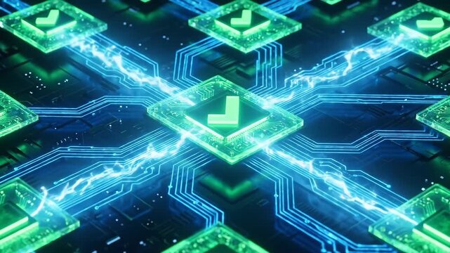 Digital circuit animation with glowing green checkmarks and blue energy lines connecting chips. Futuristic technology verification sequence for data processing and success indication.