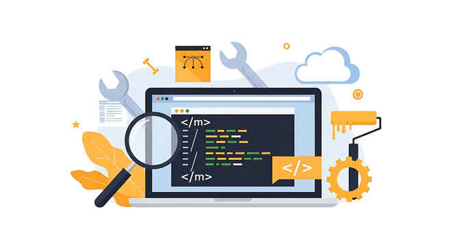 A developer works on coding projects surrounded by tools and symbols on a laptop in a tech environment.