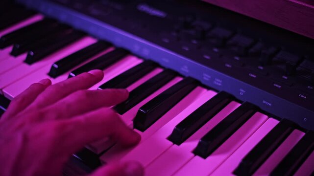 A musician hand plays an electronic synthesizer while lighting shifts between red, pink, and blue colors. Concept of music production, nightlife entertainment, and electronic composition.