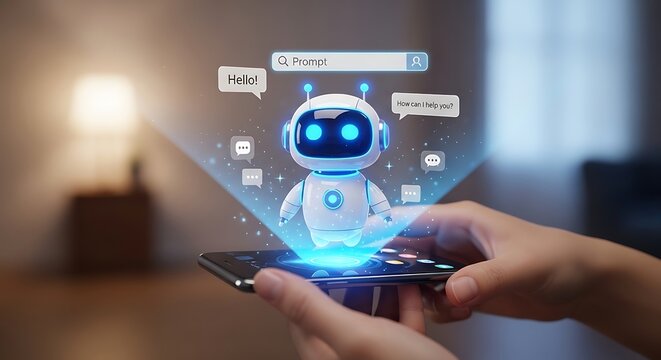 Asisten AI robotik lucu melayang di atas ponsel dengan gelembung ucapan