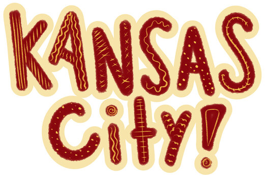 Handwritten Kansas City Decorative Red and Yellow Bubble Letters with Outline and Interior Doodles